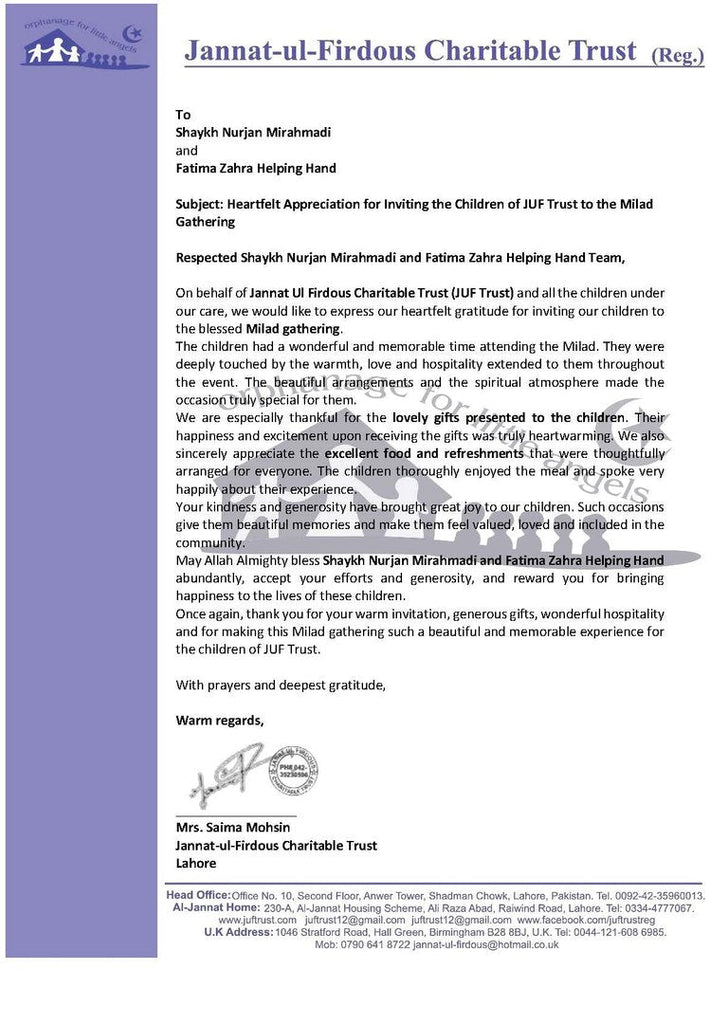 Thank You Letters for Orphans' Grand Mawlid Activity in Lahore, Pakistan - September 2026